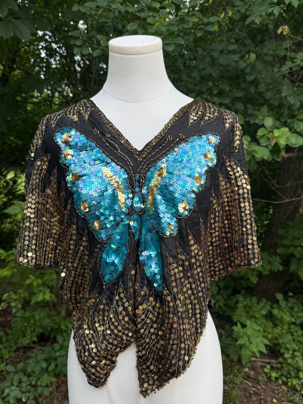Sequined Butterfly Embellished Black Top with Turquoise Accents